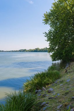 Yazın büyük bir göl kenarında granit kayalar olan plaj..