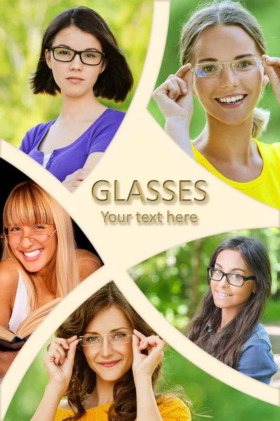 Fényképezés Collage Beautiful Women Glasses Poster Hirdetés Vagy Prospektus — Stock Fotó