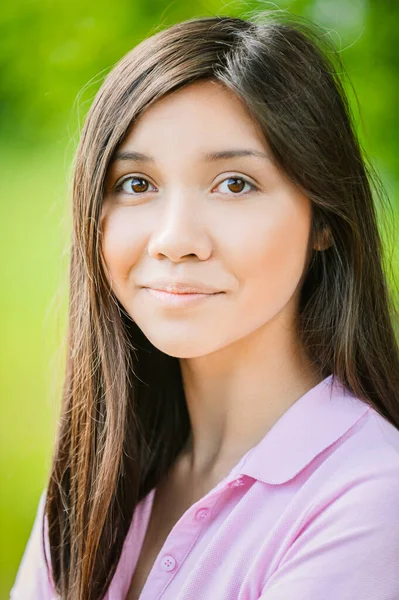 Beautiful Young Woman Asian Appearance Dark Hair Pink Blouse Green — Stock Photo, Image