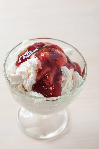 Tasty Dessert Whipped Cream Glass Bowl Stands Table Top Water — Stock Photo, Image