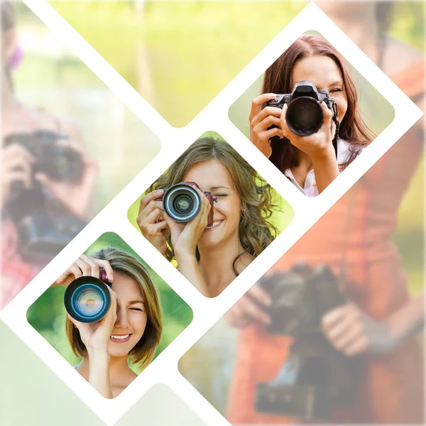 Collage Fotografico Giovani Donne Fotografato Una Fotocamera Professionale — Foto Stock