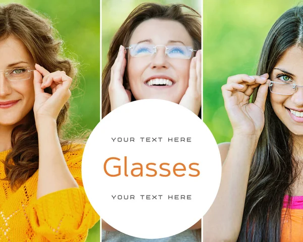 Photo Collage Beautiful Women Glasses Poster Advertisement Brochure — Stock Photo, Image