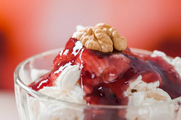 Tasty Dessert Whipped Cream Glass Bowl Stands Table Wates Raspberry — Stock Photo, Image