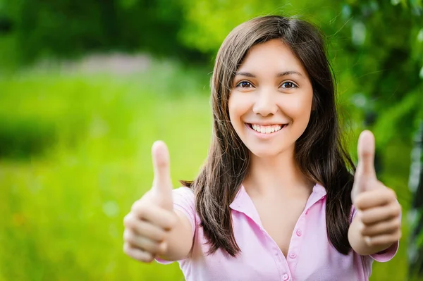 Young Beautiful Asian Outfit Woman Raises Thumb Smiling — Stock Photo, Image