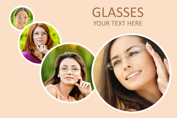 Colagem Fotos Mulheres Bonitas Óculos Para Cartaz Propaganda Brochura — Fotografia de Stock