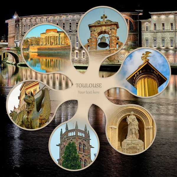 Fotocollage Lugares Famosos Paisajes Urbanos Toulouse Capital Del Departamento Francés —  Fotos de Stock