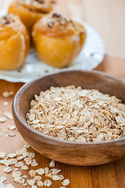 Oat Flakes Bowl Wooden Table — Stock Photo, Image