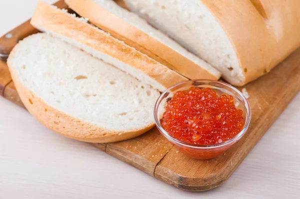 Salmon Roe Salmon Fish Glass Bowl White Wheat Loaf Wooden — Stock Photo, Image