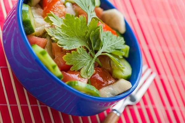 用黄瓜 西红柿和欧芹在红竹桌布蓝色碗里的色拉 — 图库照片