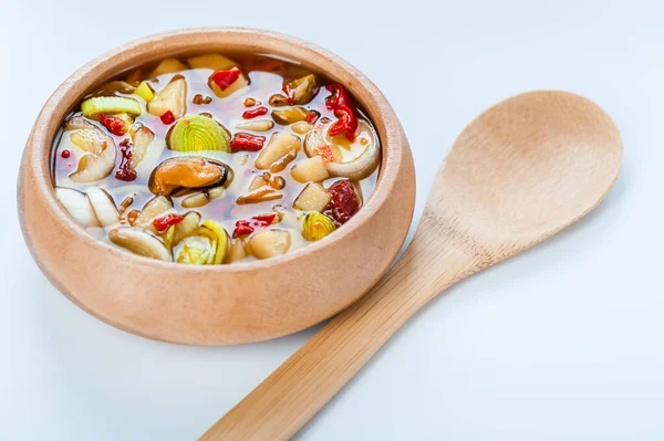 Traditional Thai Tom Yam Soup Wooden Bowl Table — Stock Photo, Image