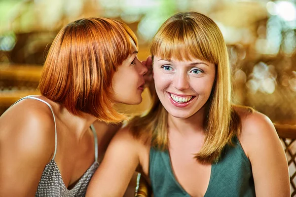 Junge Rothaarige Frau Erzählt Ihrem Freund Klatsch Hintergrund — Stockfoto