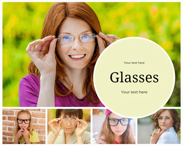 Photo Collage Beautiful Women Glasses Poster Advertisement Brochure — Stock Photo, Image