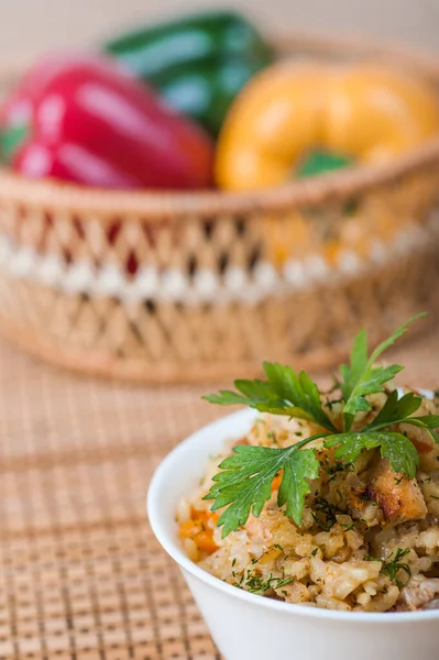 Pilaf Meat Rice Garnished Parsley Bamboo Table Cloth Bell Peppers — Stock Photo, Image