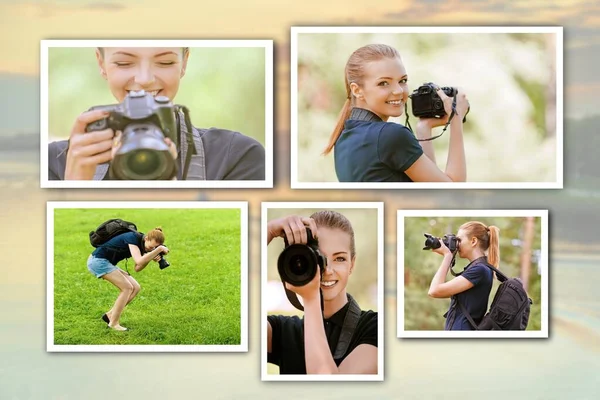 Fotoğraf Kolajı Genç Kadınlar Profesyonel Bir Kamera Tarafından Fotoğraflanır — Stok fotoğraf