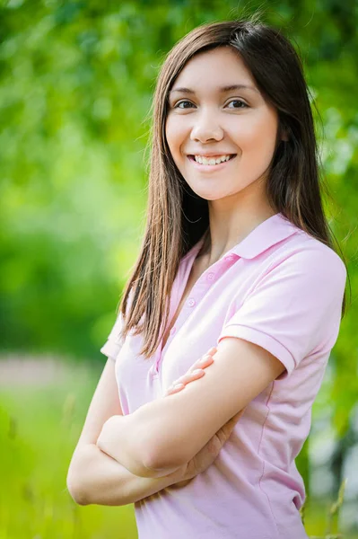 Beautiful Young Woman Asian Appearance Dark Hair Pink Blouse Green Royalty Free Stock Photos