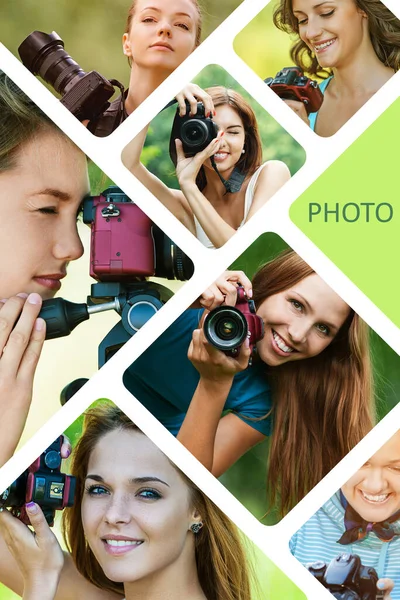 Fotokollage Unga Kvinnor Fotograferas Professionell Kamera — Stockfoto