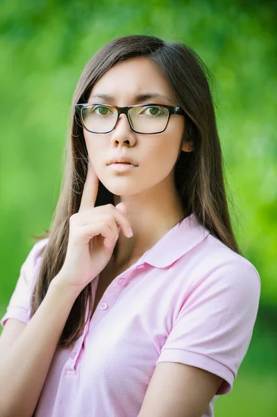 Young Pensive Beautiful Asian Woman Pink Blouse Glasses Background Green — Stock Photo, Image