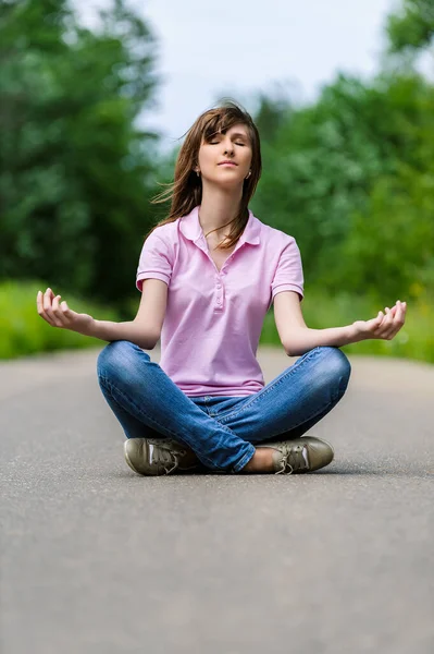 Young Adorable Calm Woman Pink Blouse Sits Asphalt Lotus Field — Stock Photo, Image