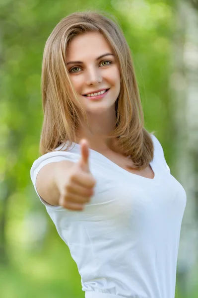 Young Lovely Smiling Woman White Blouse Raises Thumb Background Summer — Stock Photo, Image