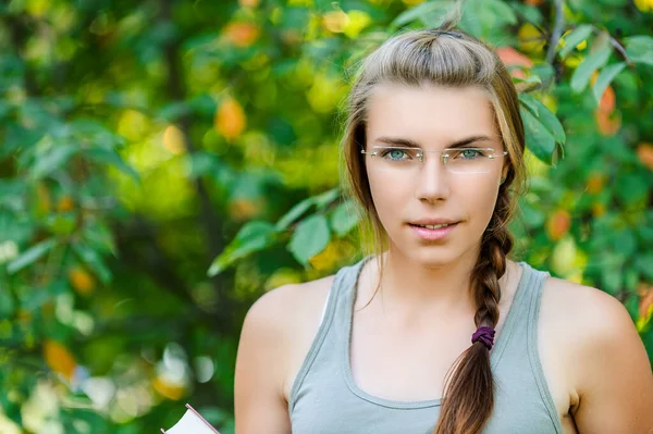 Young Beautiful Smiling Woman Glasses Long Braid Background Summer Green — Stock Photo, Image