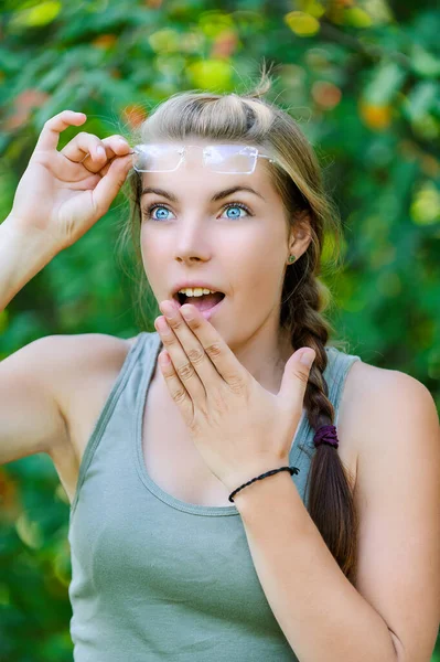 Young Sweet Surprised Woman Covers Her Open Mouth Palm Her — Stock Photo, Image