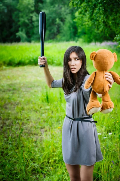 Beautiful Young Asian Woman Swings Heavy Black Baseball Bat Teddy — Stock Photo, Image