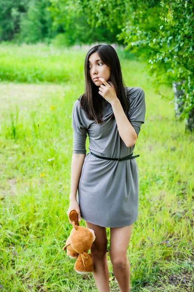 Beautiful Brooding Young Woman Asian Appearance Wearing Holding Teddy Bear — Stock Photo, Image