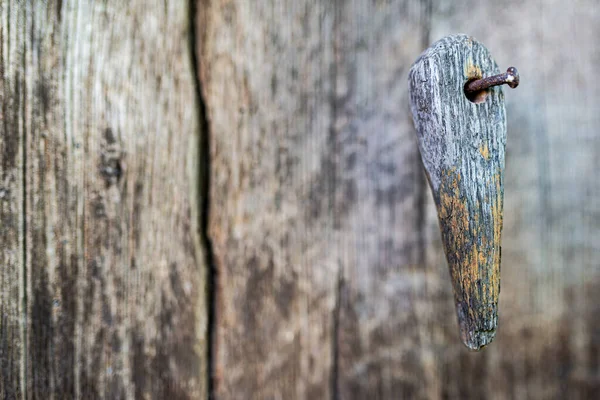 Eski Çürük Bir Kapıya Çakılmış Paslı Bir Çiviye Asılı Tahta — Stok fotoğraf