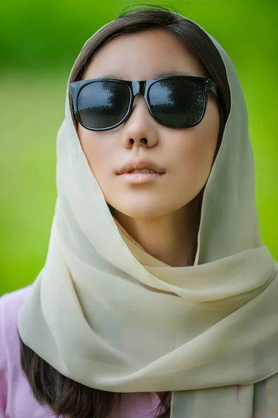 Young Beautiful Asian Exterior Woman Black Glasses Light Scarf Background — Stock Photo, Image
