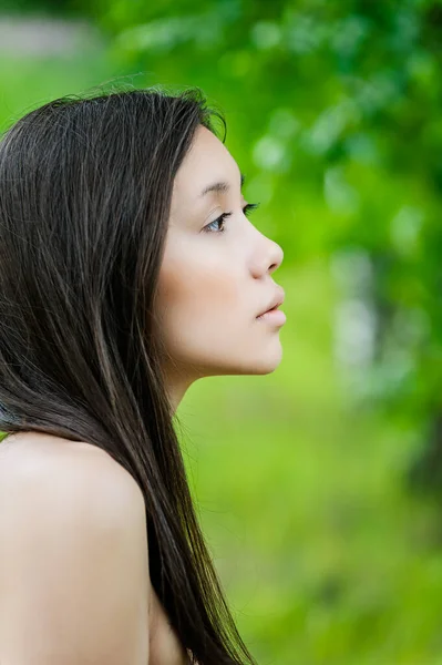 Young Lovely Asian Appearance Girl Long Black Hair Profile Background — Stock Photo, Image