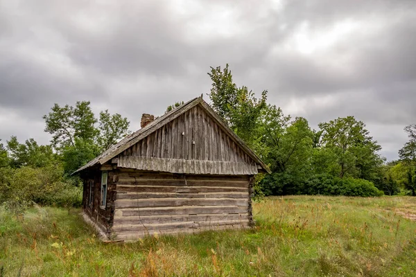古い丸太小屋 草が生えてる 曇りの空 スレート屋根 — ストック写真