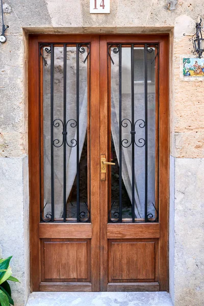 Brown Old Wooden Door Glass Windows Metal Adhesive Grid White — Stock Photo, Image