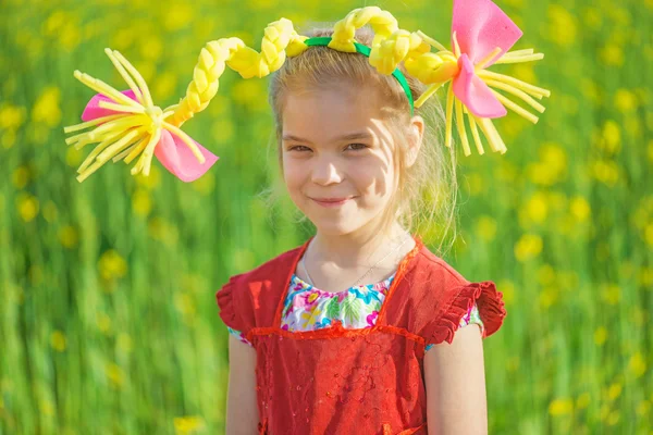 Little girl in artificial pigtails — Stock Photo, Image