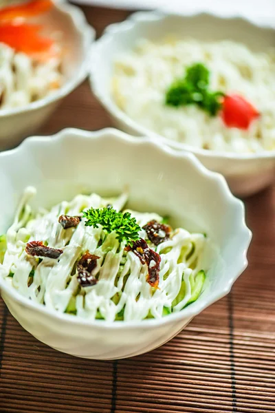 Salad with mayonnaise, tomatoes and cucumbers — Stock Photo, Image