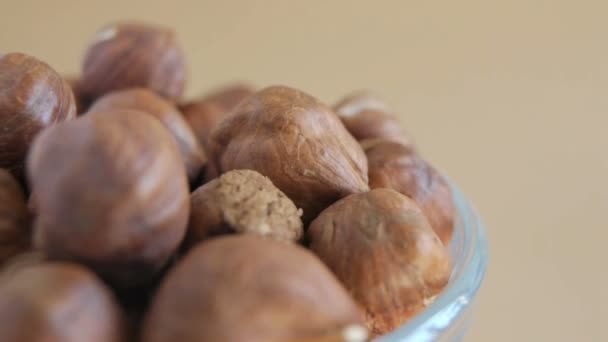 Closeup bowl many peeled hazelnuts — Stock Video