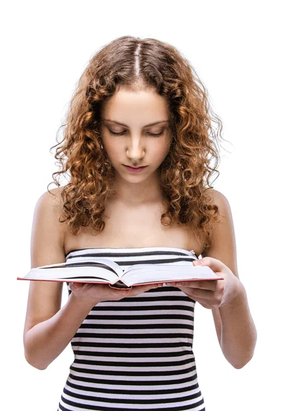 Mujer joven en chaleco a rayas con libro rojo — Foto de Stock