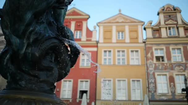 Poznan, Polonya eski pazarında Neptün Çeşmesi — Stok video