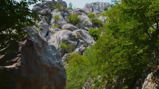 Paklenica karst river canyon är nationalpark i Kroatien. Det ligger i Starigrad, norra Dalmatien, på södra sluttningarna av berget Velebit, inte långt från Zadar. Velika Paklenica och Mala. — Stockvideo