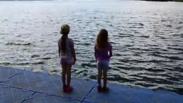 Twee jonge zussen staande op de oever van lake — Stockvideo