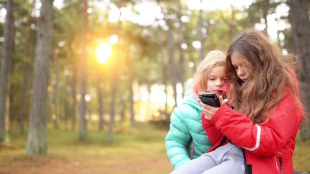 Две маленькие девочки играют с сотовым телефоном — стоковое видео