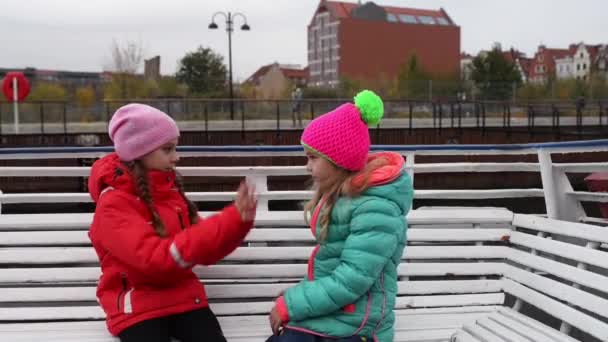 Dvě sestry jdou na turistické lodi na řece Visle — Stock video