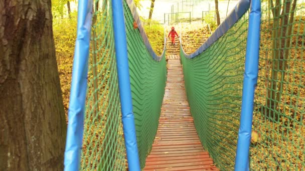 Gadis kecil pergi di jembatan tali panjang di taman musim gugur — Stok Video