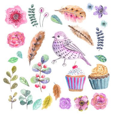 Suluboya çiçek ve yaprakları