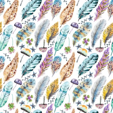 Elle çizilmiş renkli suluboya tüyler ve mantar