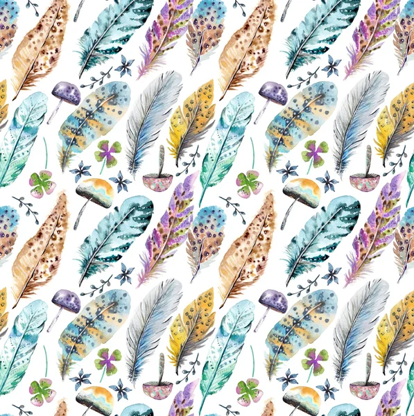 Hand drawn colorful watercolor feathers and mushrooms