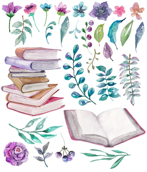 Aquarela floral e elementos da natureza com belos livros antigos — Fotografia de Stock