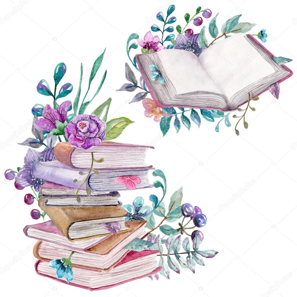 Watercolor floral and nature elements with beautiful old books Stock Photo by ©Vasilek 105338964