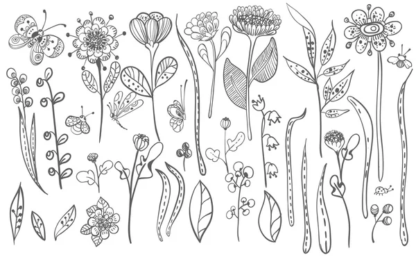 Linda grama doodle e flores silhueta — Vetor de Stock