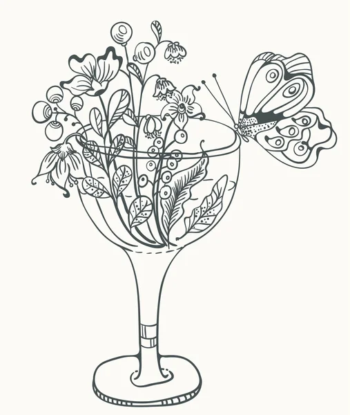 Monochrome florale Illustration mit Glas, Blumen und Schmetterling — Stockvektor