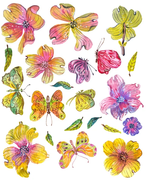 Blume Aquarell Set mit Schmetterling für schönes Design — Stockfoto